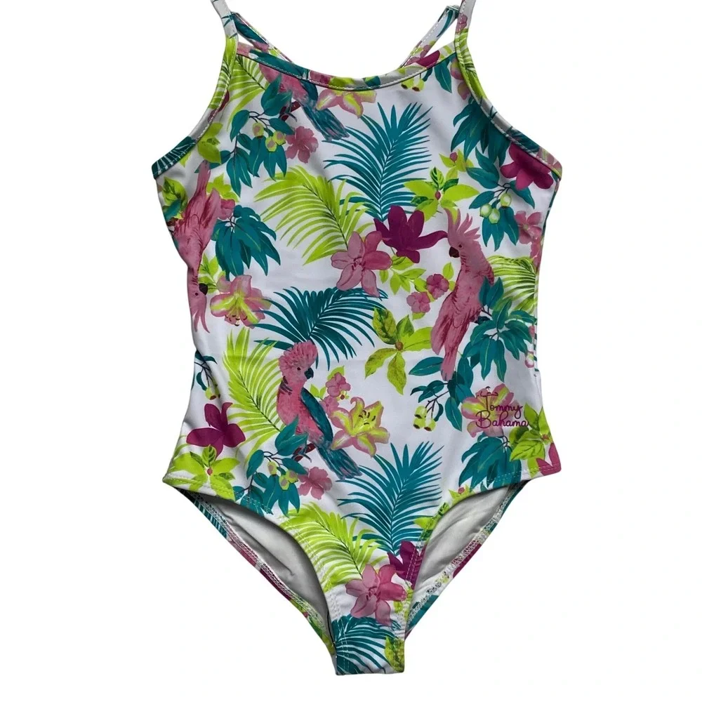 Tommy Bahama Girls Tropical Parrot Floral 1 Piece Swimsuit &Cover Up Set 6/7 NWT